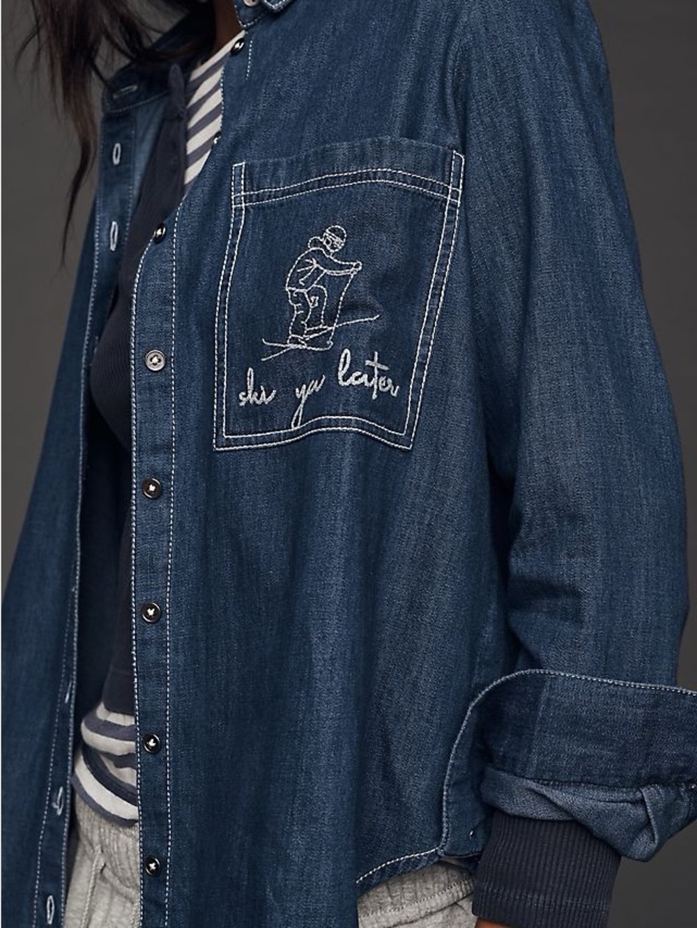 Pilcro Ski motif long sleeve denim button down